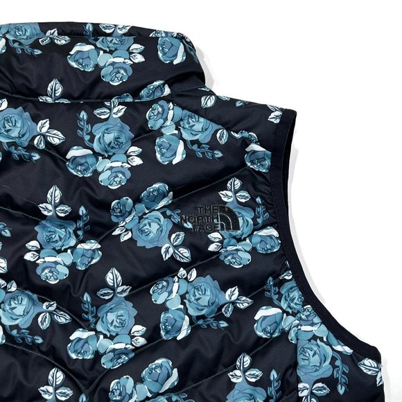 The North Face Womens Small Puffer Vest 550 Goose Down Blue Floral Zip Slim - Picture 5 of 9